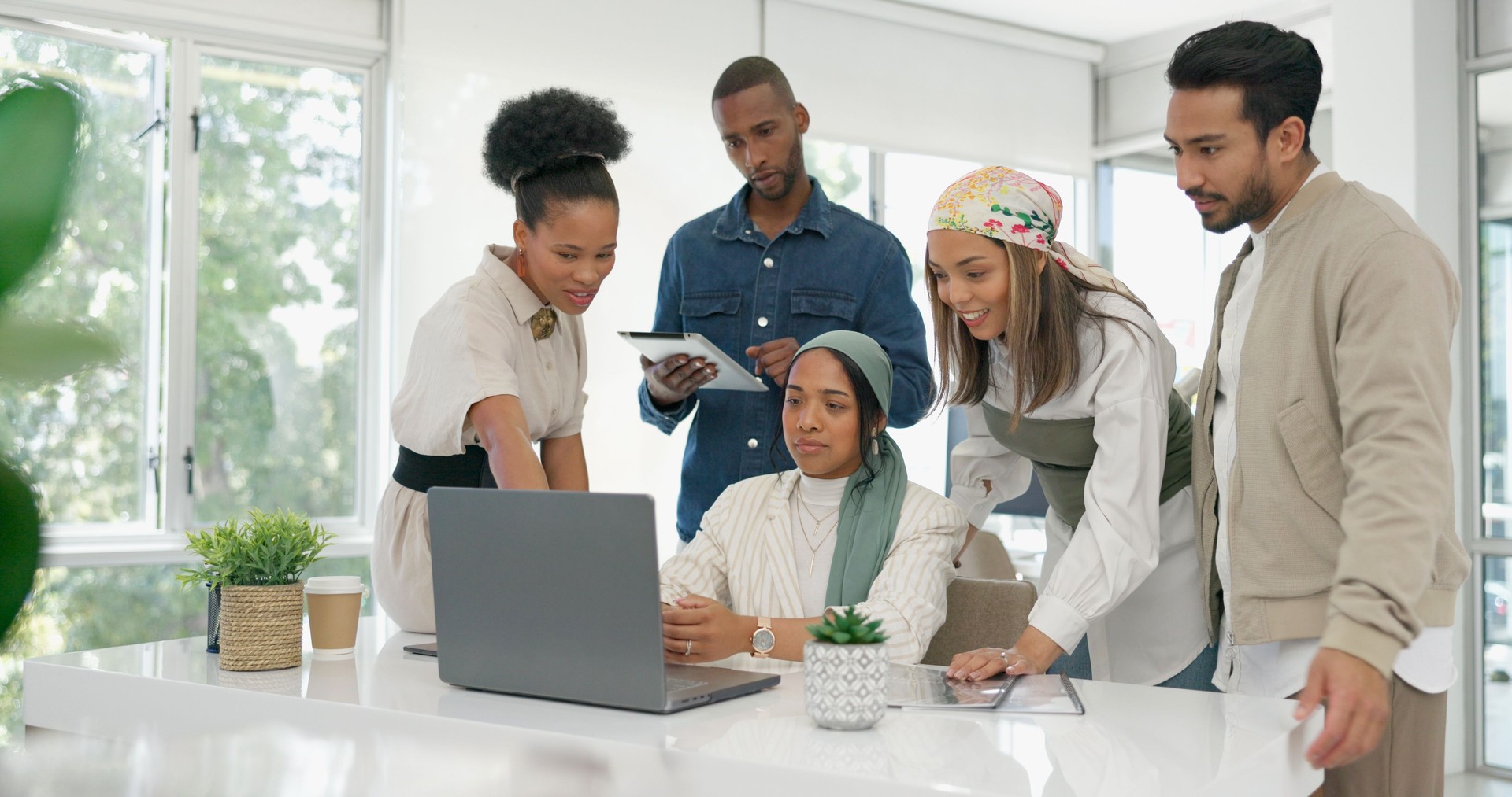 Business people, planning and teamwork on laptop for website information, copywriting and marketing team. Professional editor, manager and employees on computer for meeting workflow and presentation
